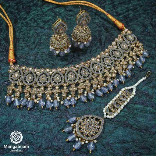 Attractive Grey Coloured  Polki Necklace Set Embellished With Reverse Ad