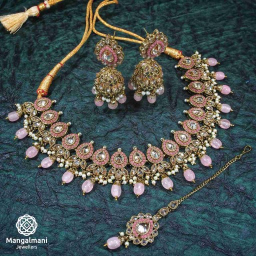 Captivating Pink Coloured  Polki Necklace Set Adorned With Reverse Ad