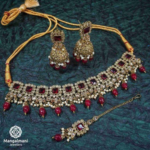 Charming Maroon Coloured  Polki Necklace Set Decorated With Reverse Ad