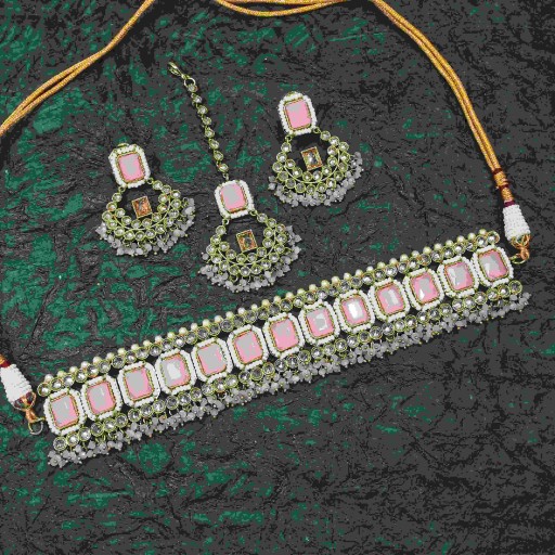 Prepossessing With Western Look Designer Work Polki Necklace Set Decorated With Reverse Ad