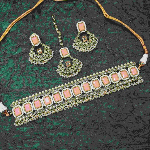 Prepossessing With Western Look Designer Work Polki Necklace Set Decorated With Reverse Ad