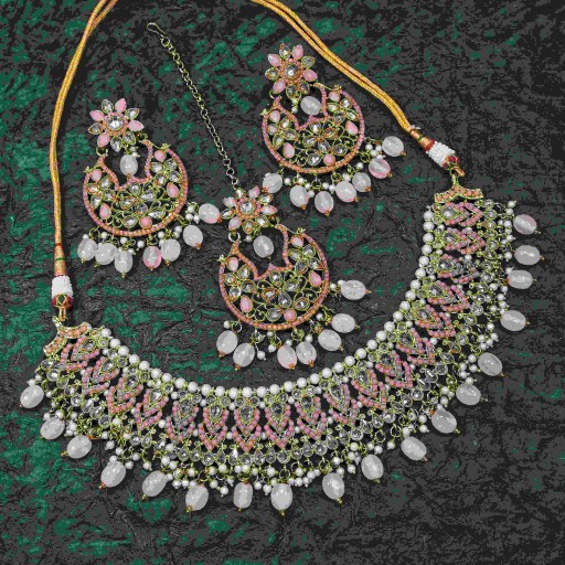 Presentable With Western Look Designer Work Polki Necklace Set Adorned With Reverse Ad