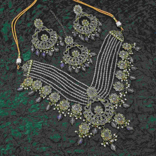 Resplendent With Western Look Designer Work Polki Necklace Set Studded With Reverse Ad