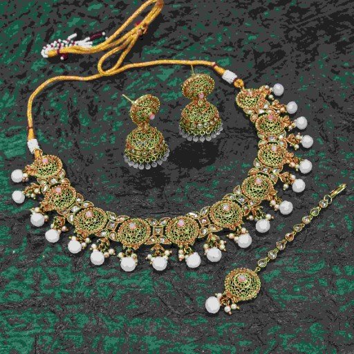 Beautiful With Western Look Designer Work Polki Necklace Set Adorned With Reverse Ad