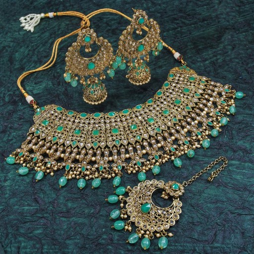 Alluring With Designer Stone Work Polki Necklace Set Studded With Reverse AD