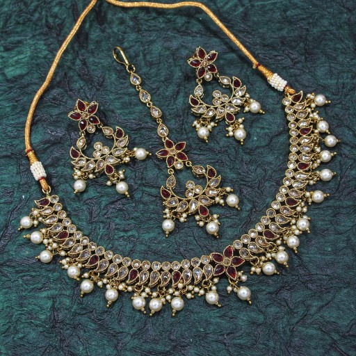 Attractive With Ethnic Work Polki Necklace Set Decorated With Reverse AD
