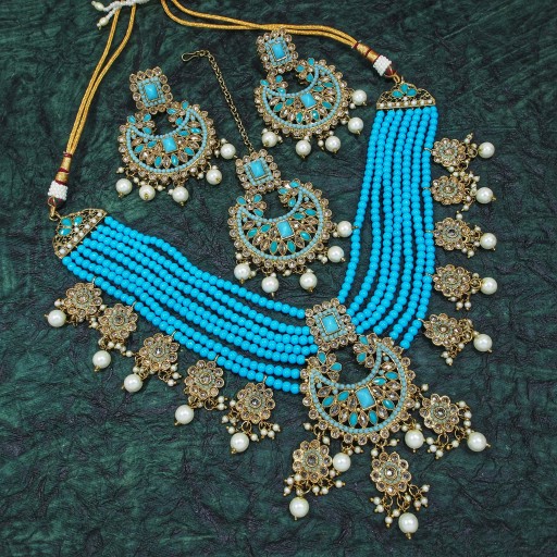 Radiant With Designer Stone Work Polki Necklace Set Decorated With Reverse AD