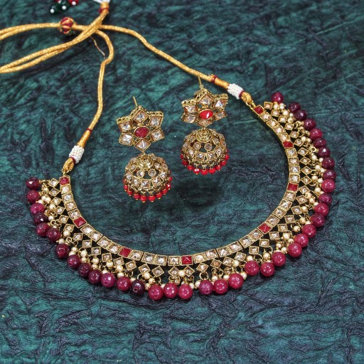 Stylish With Designer Stone Work Polki Necklace Set Decorated With Reverse AD