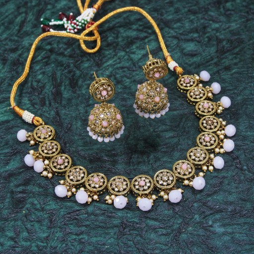 Trendy With Designer Stone Work Polki Necklace Set Adorned With Reverse AD