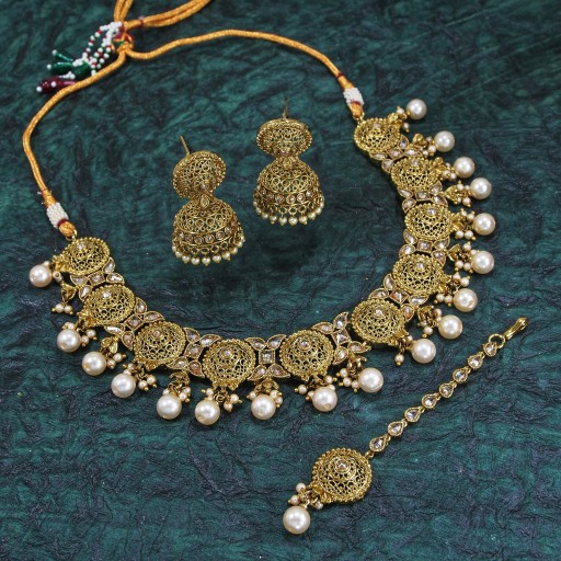 Alluring With Designer Stone Work Polki Necklace Set Studded With Reverse AD