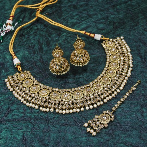 Antique With Designer Stone Work Polki Necklace Set Embellished With Reverse AD