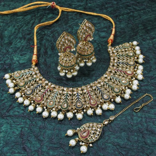Attractive With Designer Stone Work Polki Necklace Set Decorated With Reverse AD
