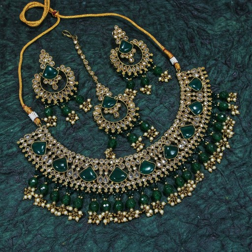 Charismatic With Designer Stone Work Polki Necklace Set Embellished With Reverse AD