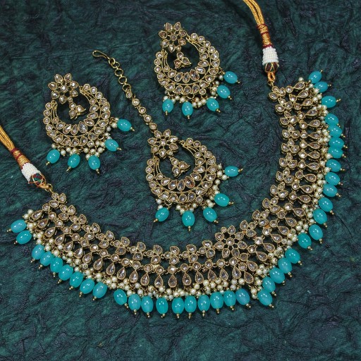 Desirable With Designer Stone Work Polki Necklace Set Adorned With Reverse AD