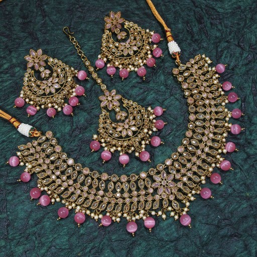 Fascinating With Designer Stone Work Polki Necklace Set Adorned With Reverse AD