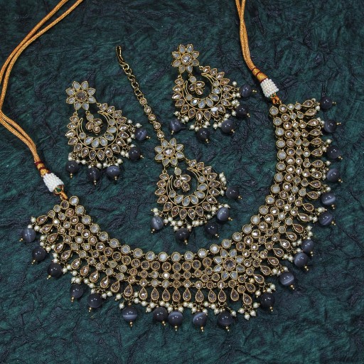 Pleasant With Ethnic Work Polki Necklace Set Embellished With Reverse AD