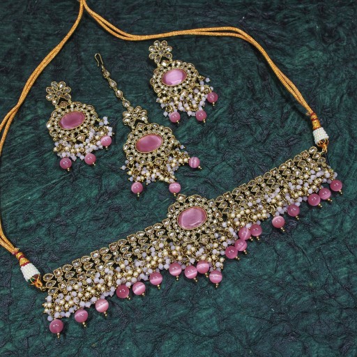 Stylish With Traditional Work Polki Necklace Set Decorated With Reverse AD
