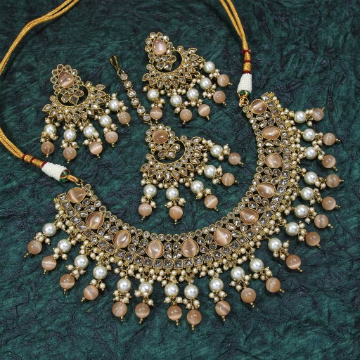 Trendy With Traditional Work Polki Necklace Set Adorned With Reverse AD
