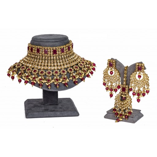 Antique With Designer Stone Work Polki Necklace Set  