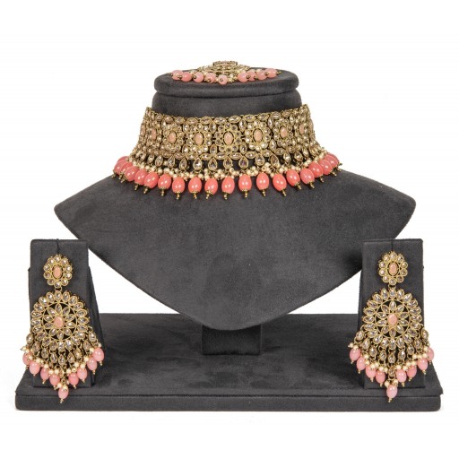 Alluring With Designer Stone Work Polki Necklace Set  