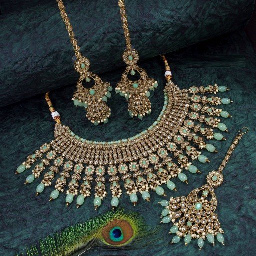 Magnificent With Designer Stone Work Polki Necklace Set  