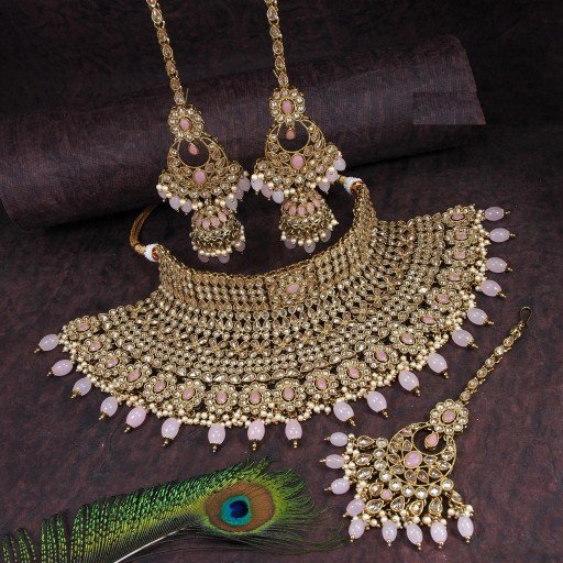 Prepossessing With Designer Stone Work Polki Necklace Set  