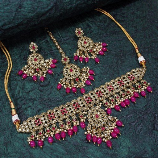 Trendy With Designer Stone Work Polki Necklace Set  