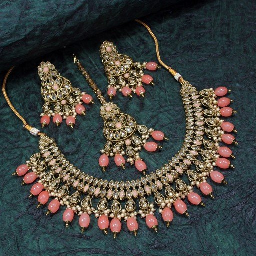 Charismatic With Designer Stone Work Polki Necklace Set  