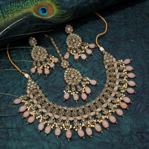 Elegant With Designer Stone Work Polki Necklace Set  
