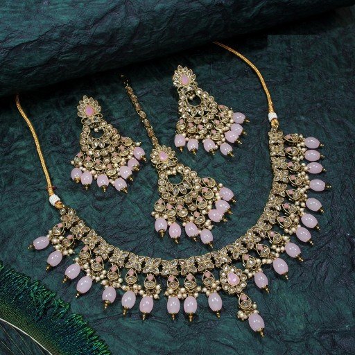 Attractive With Designer Stone Work Polki Necklace Set  