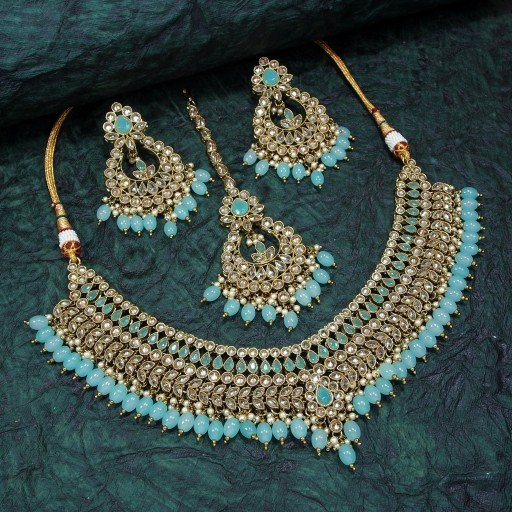 Charismatic With Designer Stone Work Polki Necklace Set  