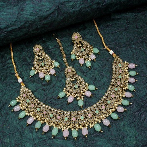 Fascinating With Designer Stone Work Polki Necklace Set  