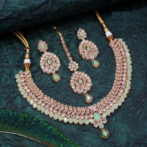 Glorious With Designer Stone Work Polki Necklace Set  