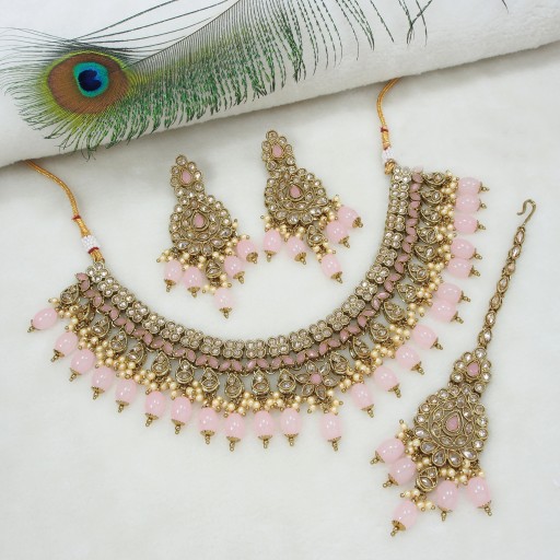 Resplendent With Traditional Work Polki Necklace Set  