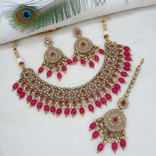 Stylish With Designer Stone Work Polki Necklace Set  