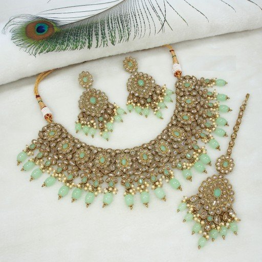 Antique With Designer Stone Work Polki Necklace Set  