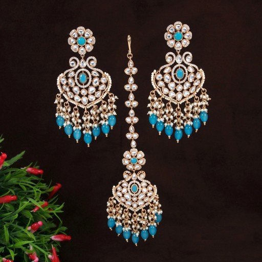 Elegant Real Kundan Earring Maang Tikka  