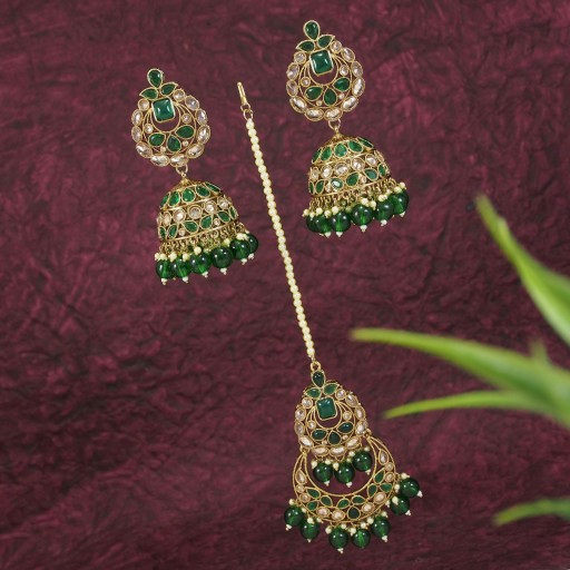Polki Earring And Tikka Studded With Reverse Ad Work