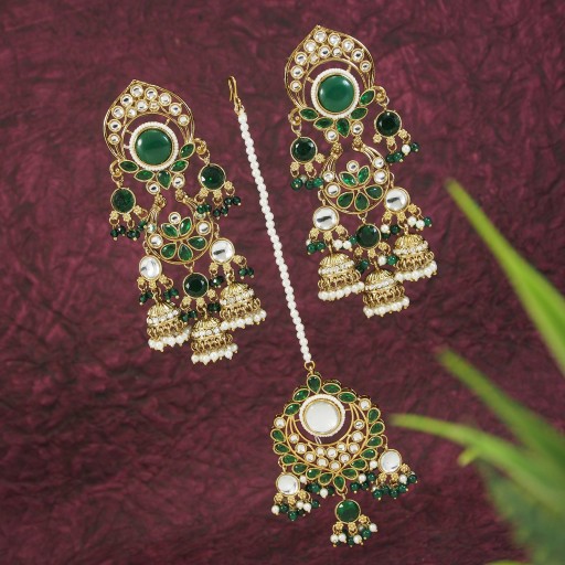 Kundan Earring And Tikka Decorated With Kundan Work