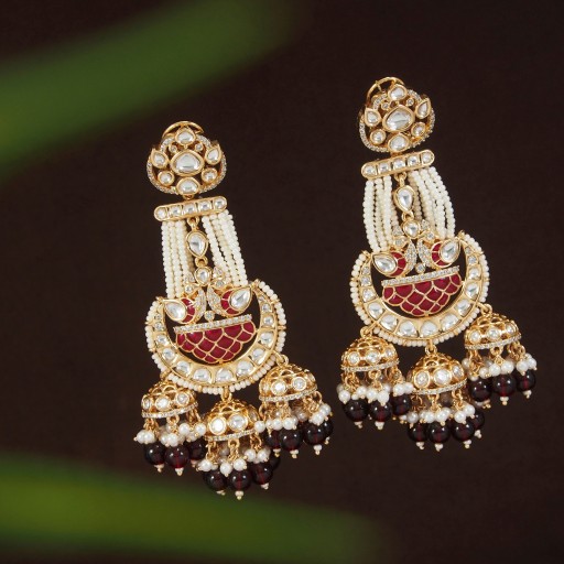 Real Kundan Earrings Decorated With Kundan Work